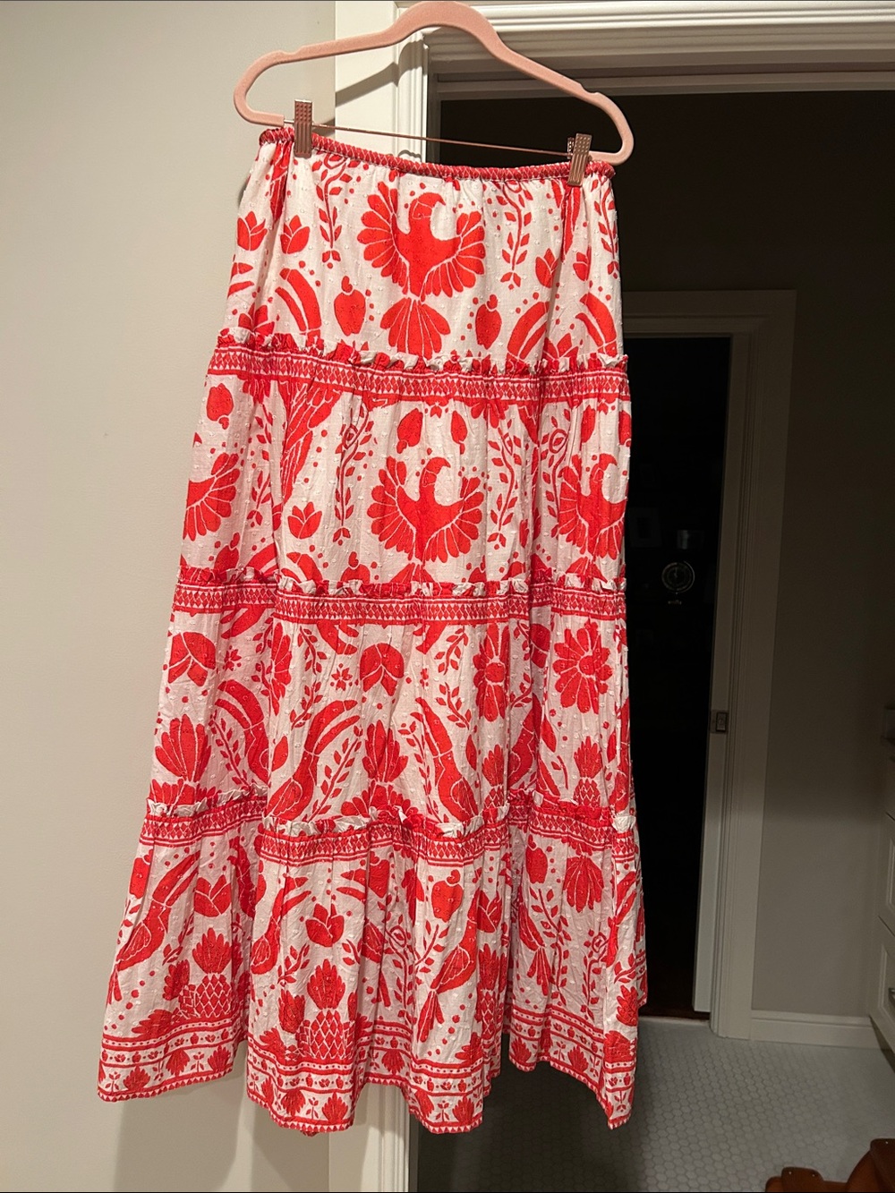 Farm Rio NWT Boho Tiered Midi Skirt in Orange Floral with Birds - Picture 2 of 9